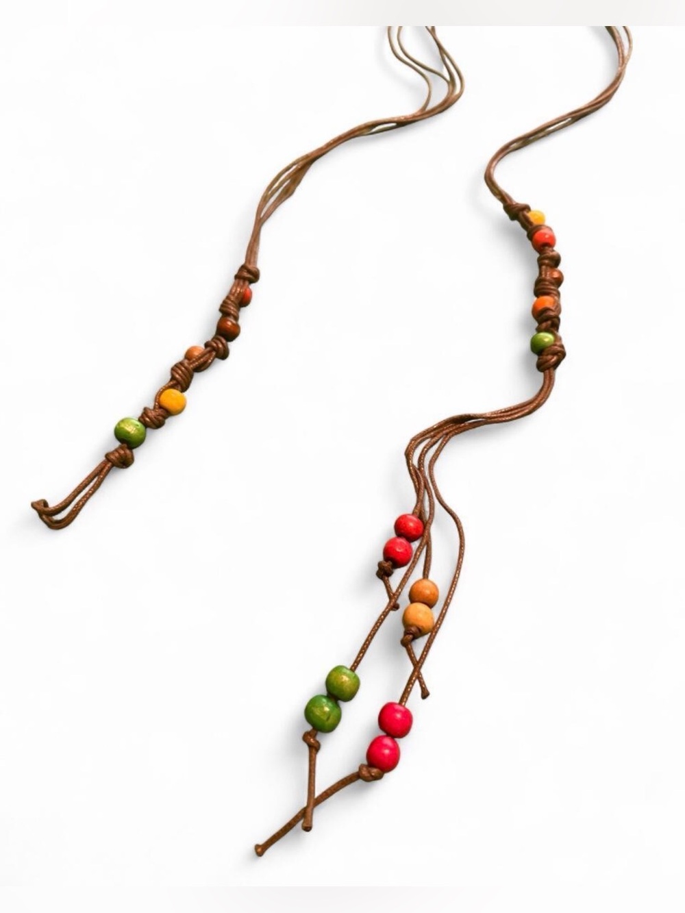 Boho Multi-Bead Brown belt Neck with Green, Red & Orange wood bead Accents